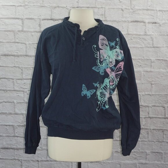 Vintage 90s Butterfly Hawaii Original Henley Drawstring Pullover Sweatshirt - Picture 1 of 10